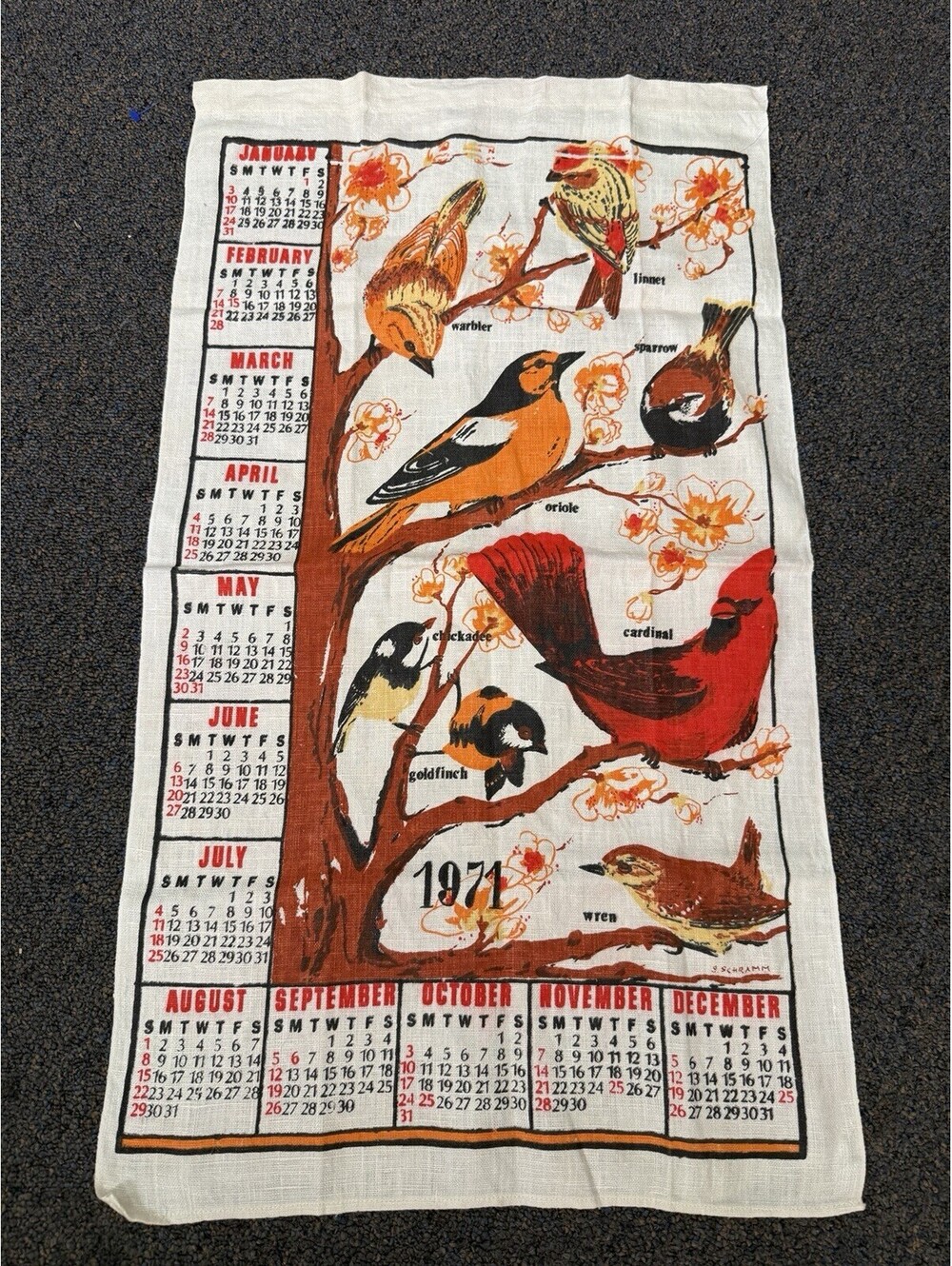 Vintage 1971 Kitchen Linen Calendar Towel Wall Hanging Beautiful Birds EUC